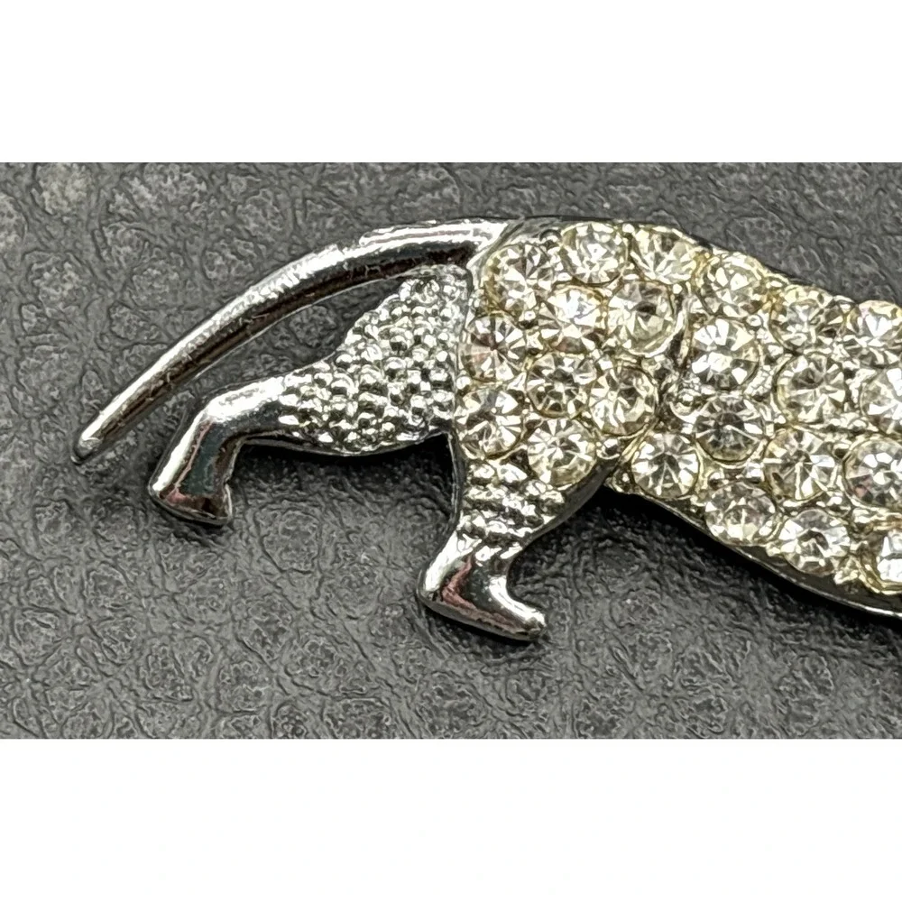 Vintage Dachshund Dog Brooch Pin Crystal Rhinestone Silver Tone Red Eye
